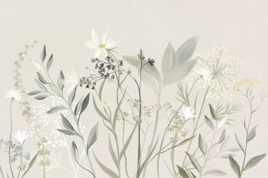 murales de pared Delicadas flores silvestres y follaje con textura en tonos verdes y crema apagados sobre un fondo beige suave. w09641