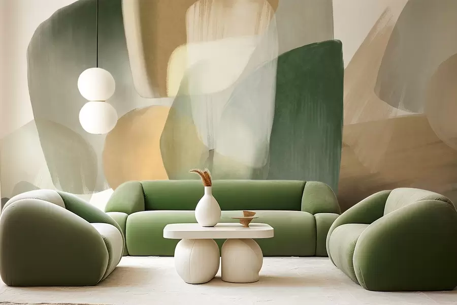 murales de pared Formas abstractas con textura en colores verde y beige apagados, con bordes suaves y capas superpuestas. w09642
