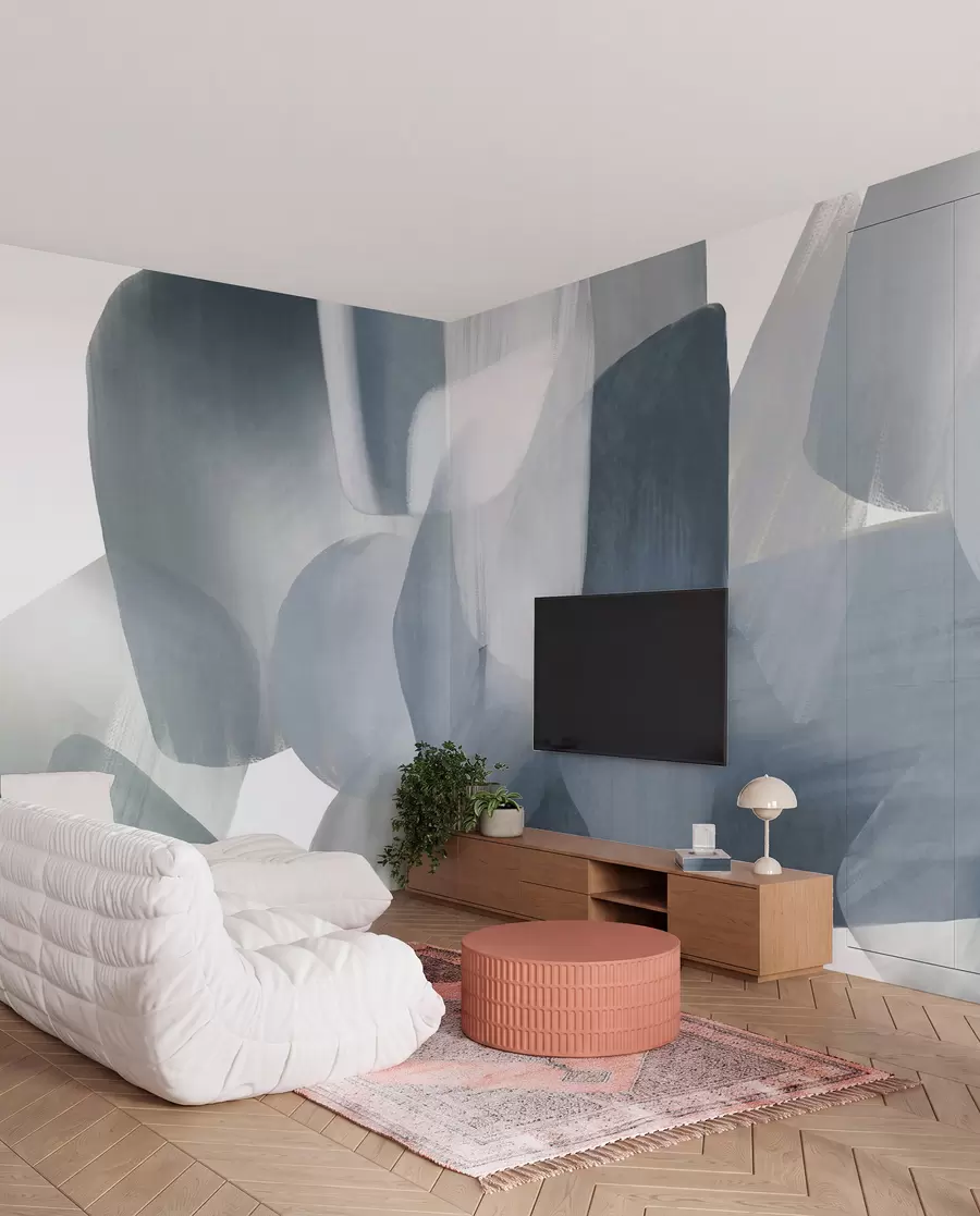 murales de pared Formas abstractas con textura en colores azul y gris apagados, con bordes suaves y capas superpuestas. w09642v1