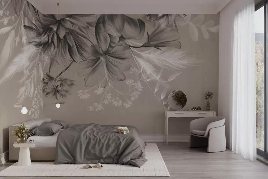 murales de pared Flores y helechos texturizados en tonos gris oscuro y blanco sobre un fondo beige apagado, estilo de dibujo. w09644