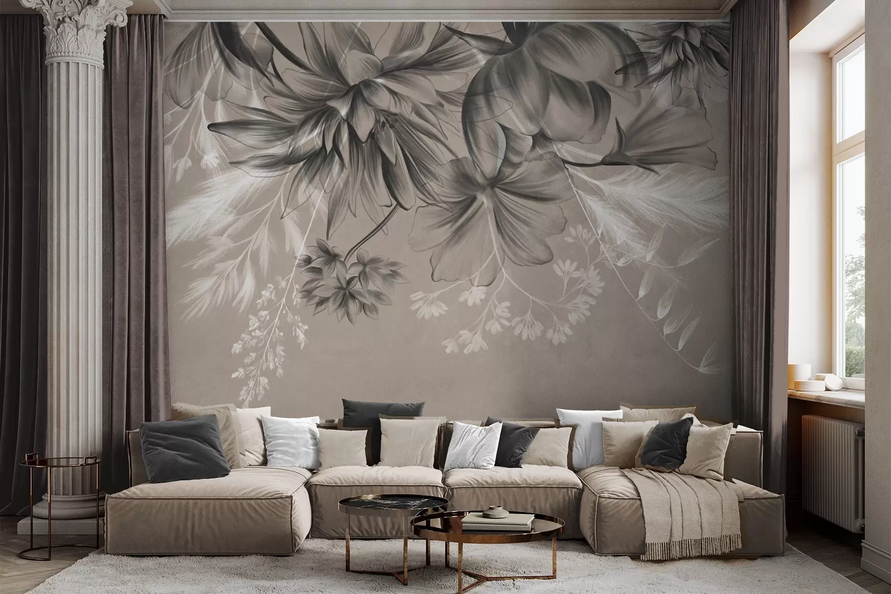 murales de pared Flores y helechos texturizados en tonos gris oscuro y blanco sobre un fondo beige apagado, estilo de dibujo. w09644