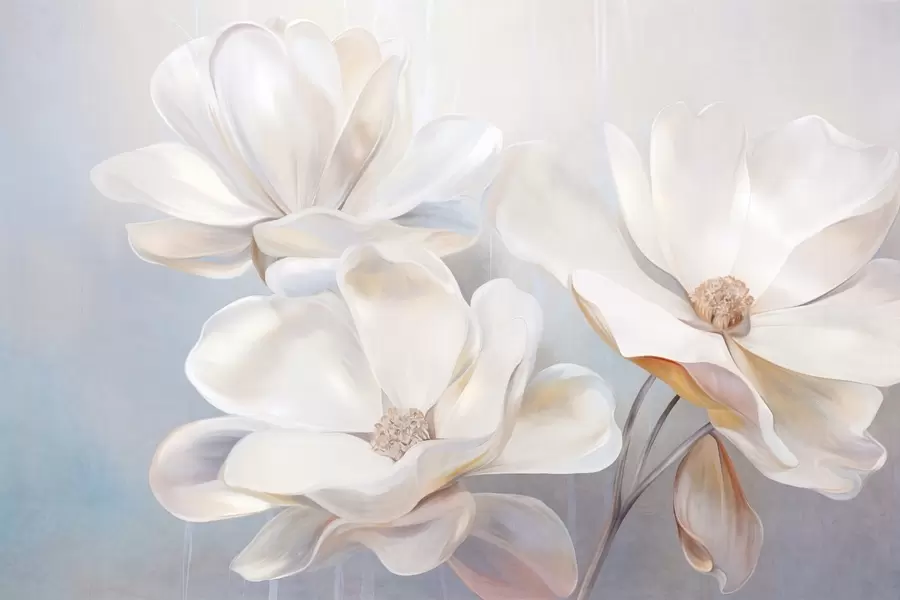 murales de pared Flores blancas de magnolia fantásticas con pétalos de textura delicada, sobre un fondo suave y abstracto. w09373