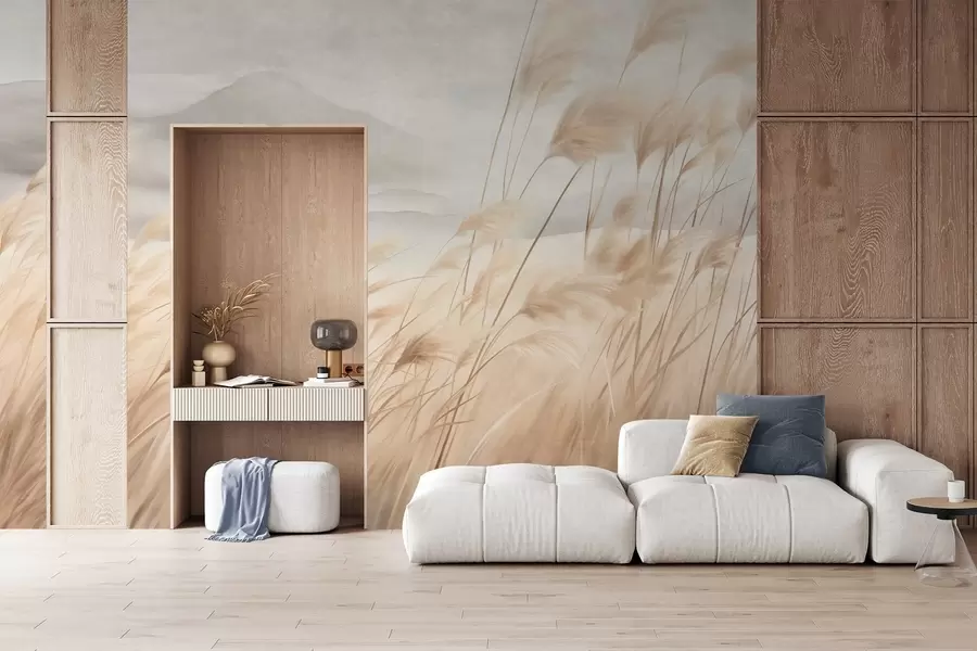murales de pared Paisaje montañoso con textura, con hierba alta y seca bajo un cielo brumoso. w09649