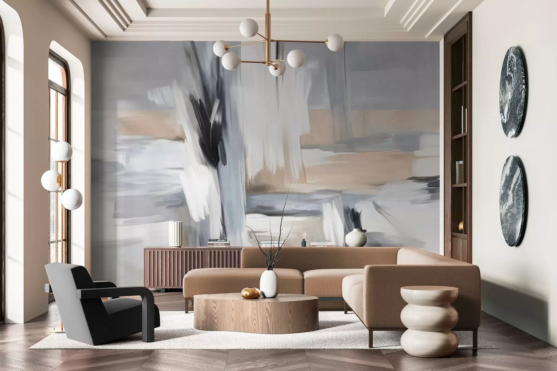 murales de pared Estilo pictórico abstracto con textura y pinceladas en tonos blancos, grises y beiges. w09651