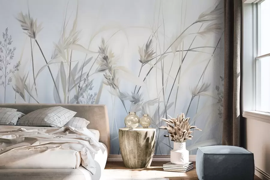 murales de pared Tallos altos y secos de hierba con puntas plumosas en tonos apagados, fondo azul y blanco suave y difuminado. w09652