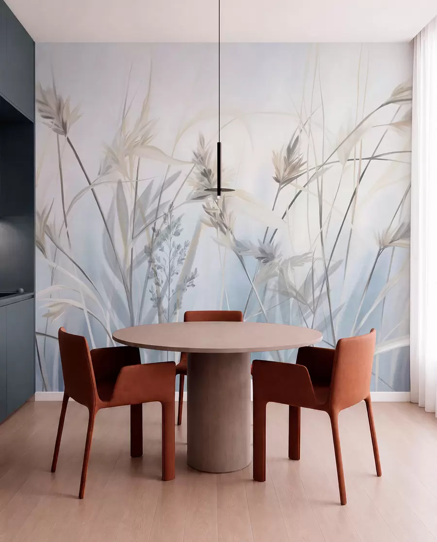 murales de pared Tallos altos y secos de hierba con puntas plumosas en tonos apagados, fondo azul y blanco suave y difuminado. w09652