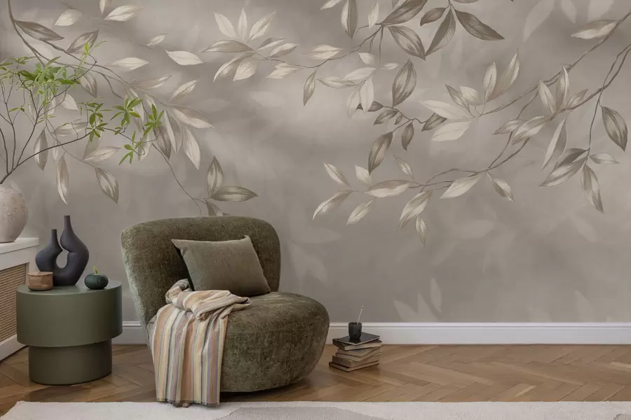 murales de pared Elegantes ramas frondosas en tonos beige sobre un fondo claro. w05113