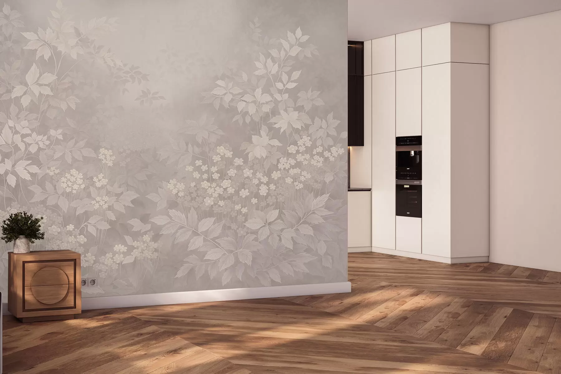 murales de pared Adorno botánico ligero con hojas y pequeñas flores. w05115