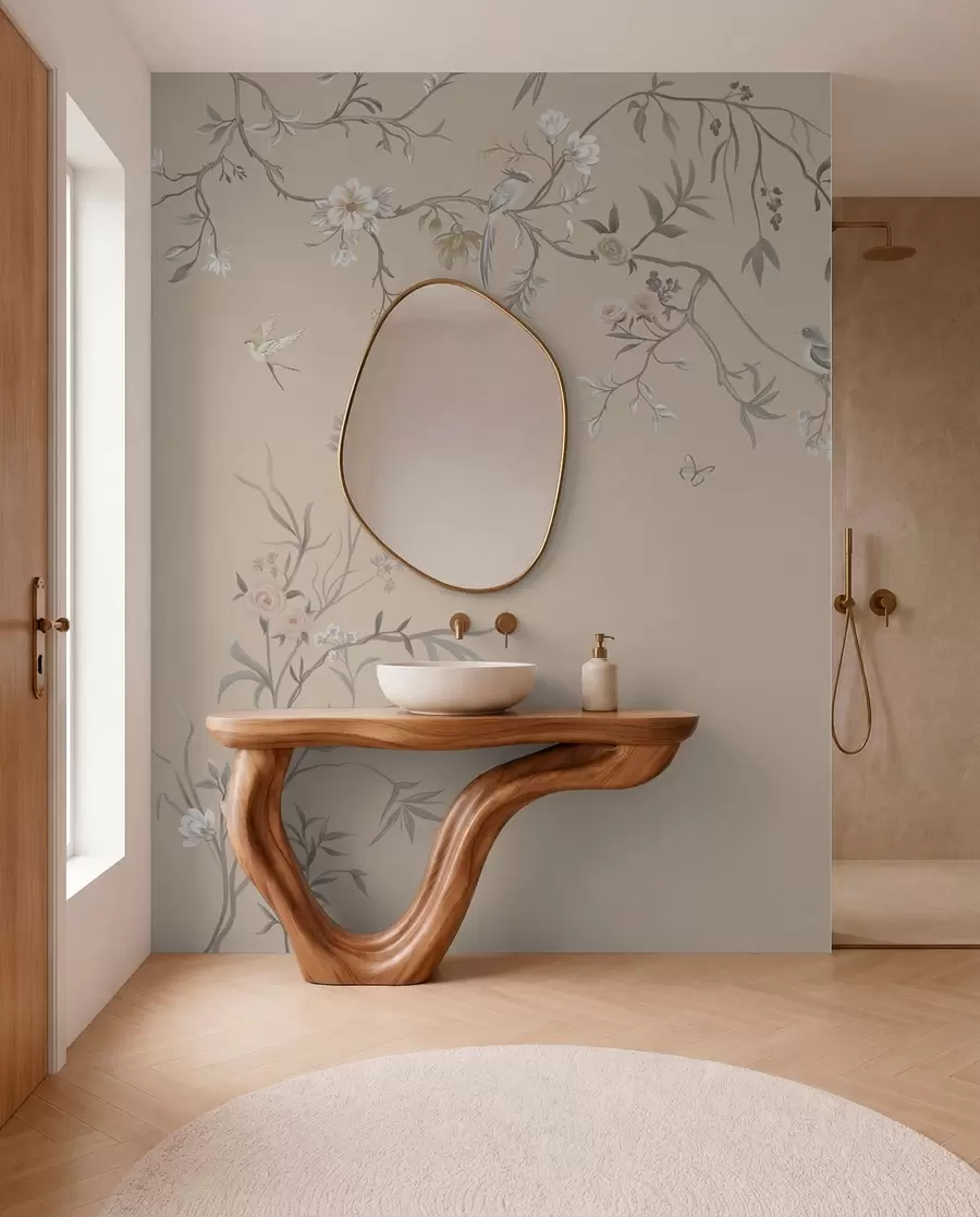 murales de pared Ramas florales con pájaros sobre un fondo beige cálido w05127v1