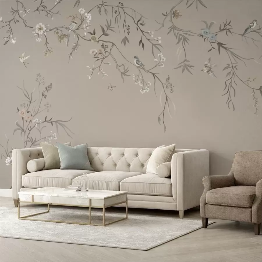 murales de pared Adorno floral con pájaros sobre fondo neutro w05127v3
