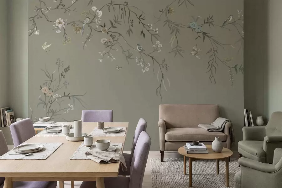 murales de pared Motivo floral con pájaros sobre fondo gris w05127v4
