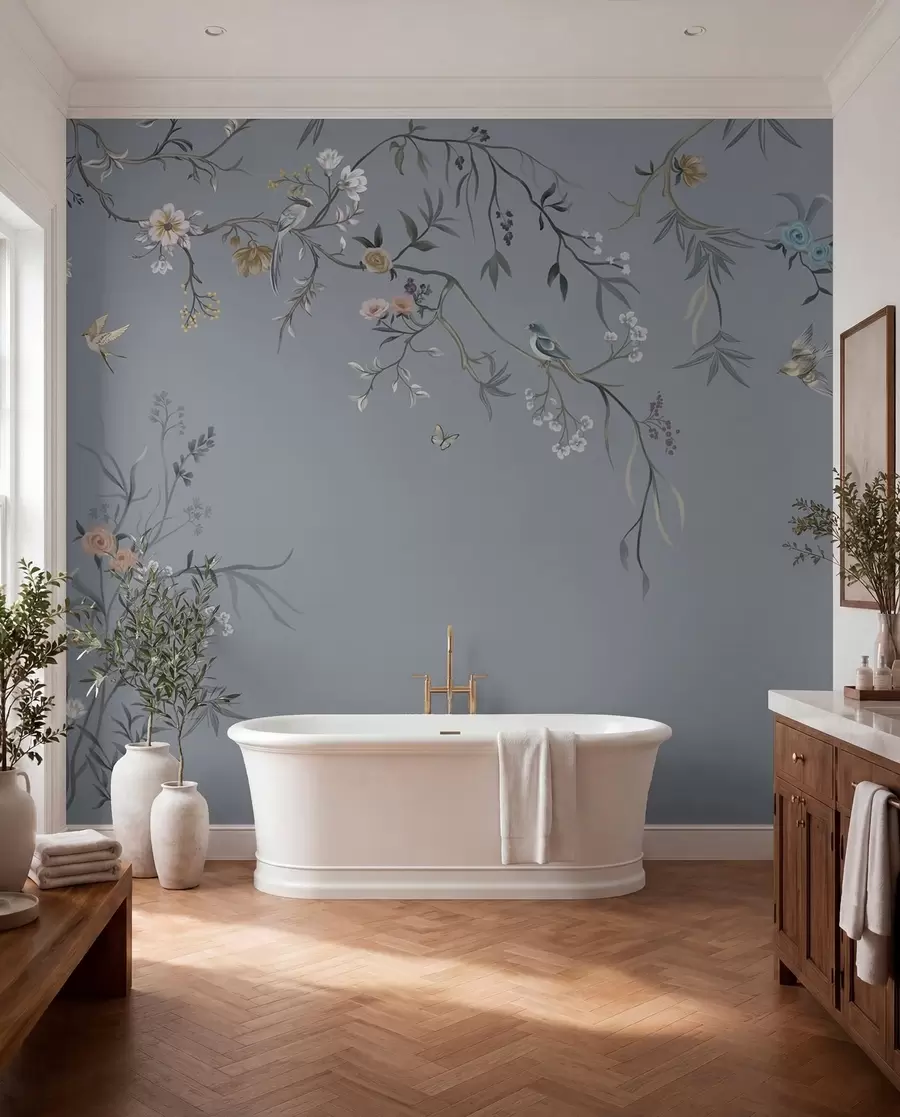 murales de pared Ramas florales con pájaros sobre fondo verdoso w05127v5
