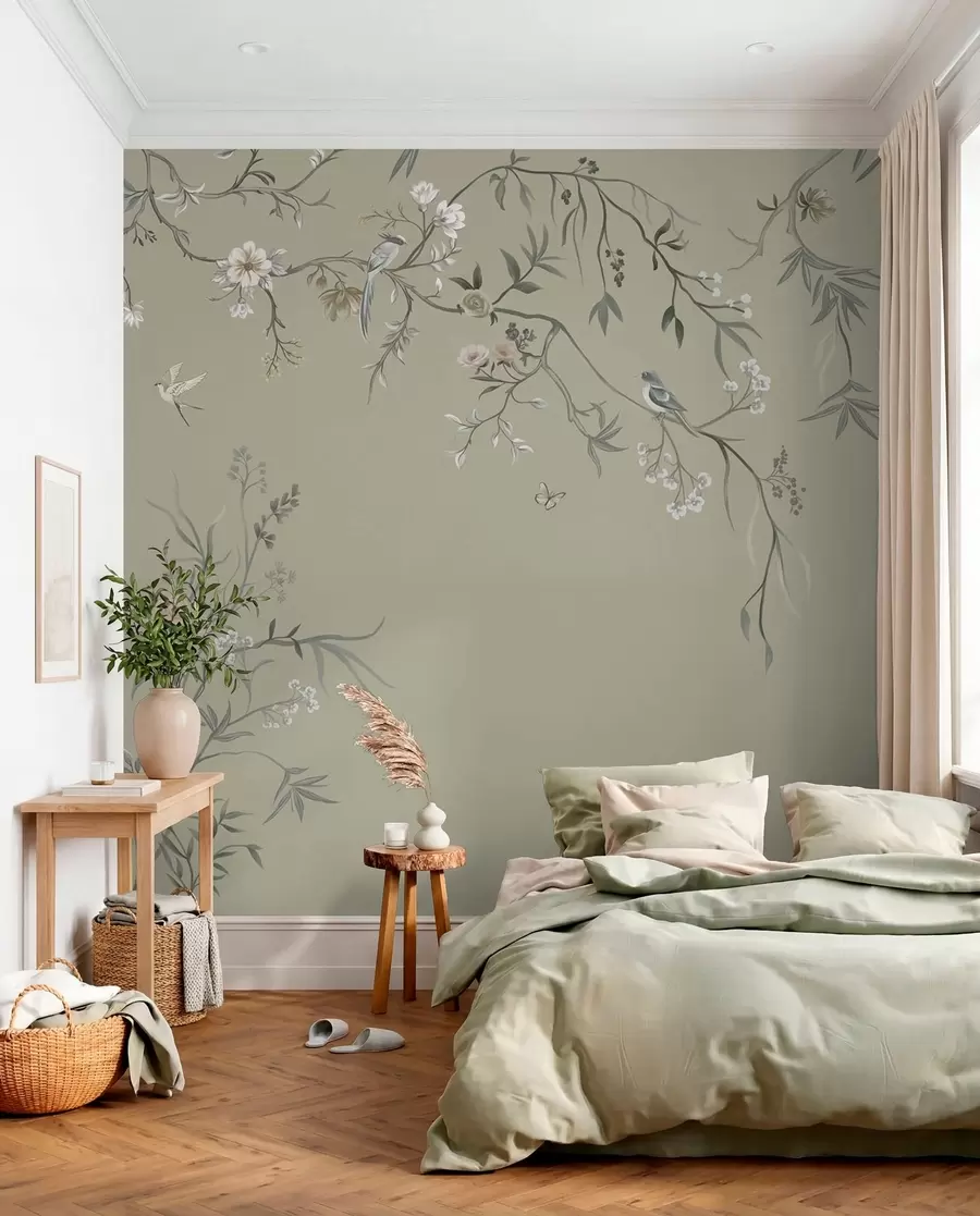 murales de pared Ramas y aves sobre oliva w05127v6