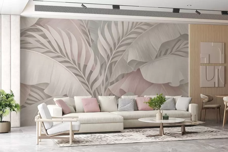 murales de pared Grandes hojas tropicales en tonos frescos de rosa y gris. w05062v1