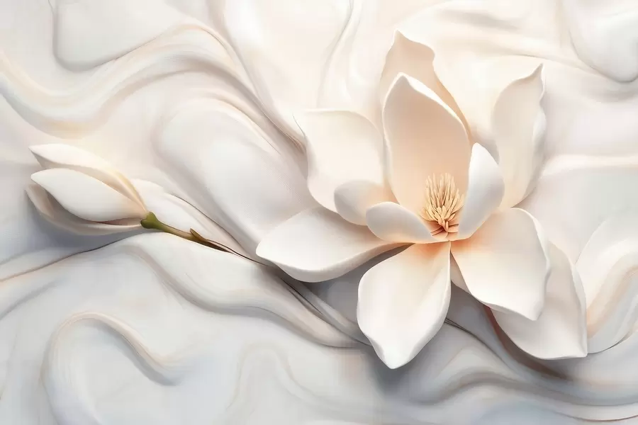 murales de pared Magnolia blanca tridimensional con imitación de textura de mármol en relieve. w09729