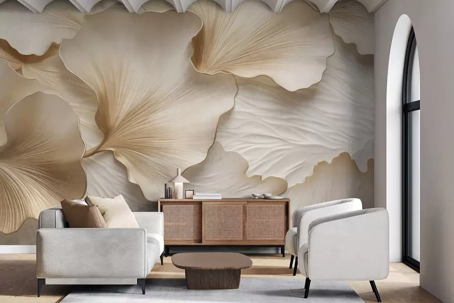 murales de pared Pétalos de hojas de ginkgo texturizados, de color beige y blanco, con un delicado estampado orgánico. w09741