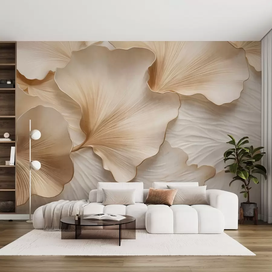 murales de pared Pétalos de hojas de ginkgo texturizados, de color beige y blanco, con un delicado estampado orgánico. w09741