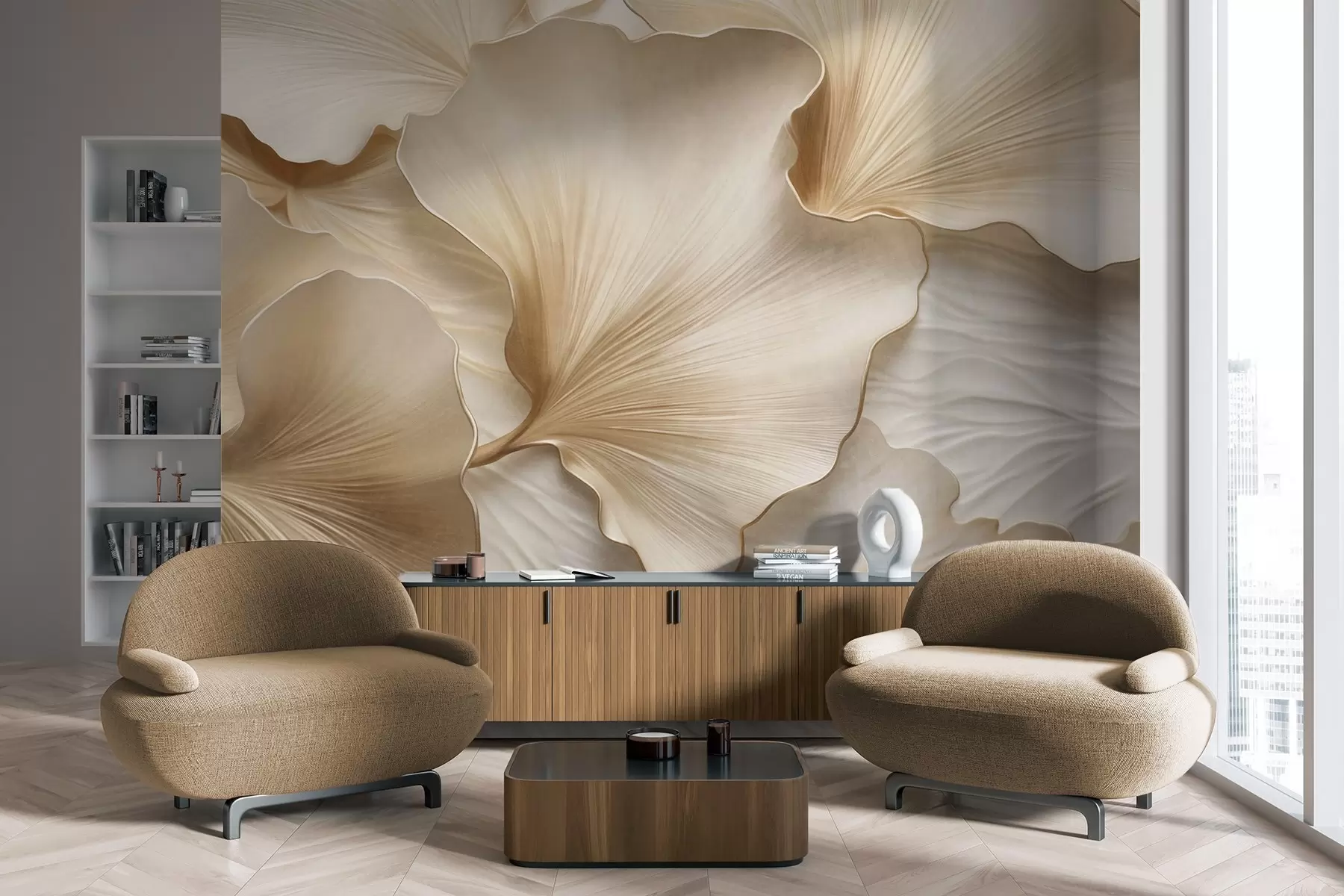 murales de pared Pétalos de hojas de ginkgo texturizados, de color beige y blanco, con un delicado estampado orgánico. w09741