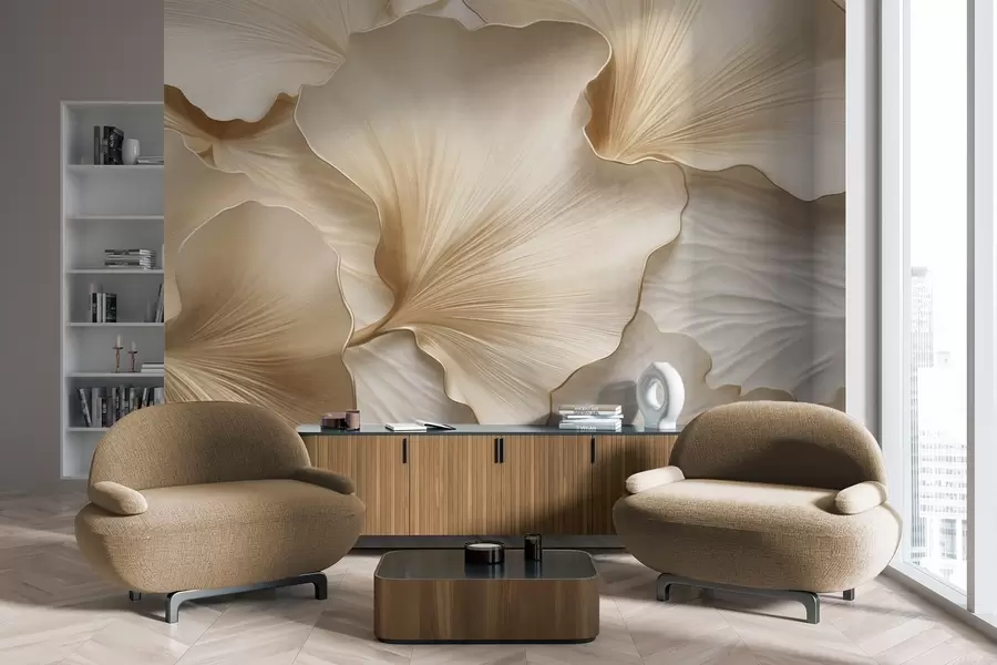 murales de pared Pétalos de hojas de ginkgo texturizados, de color beige y blanco, con un delicado estampado orgánico. w09741