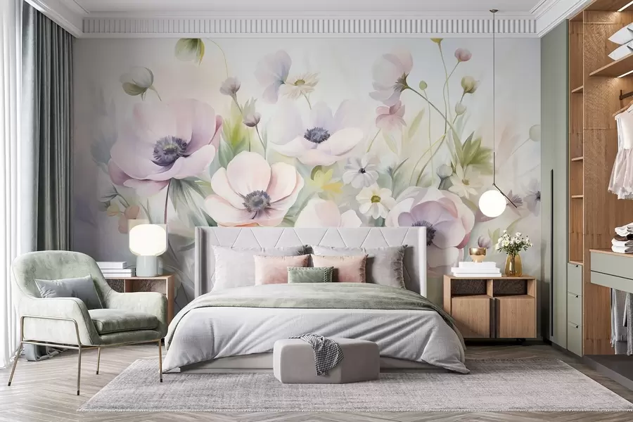 murales de pared Un campo de flores de anémona en tonos rosa pastel y blanco, follaje verde y pequeñas margaritas blancas. w09742