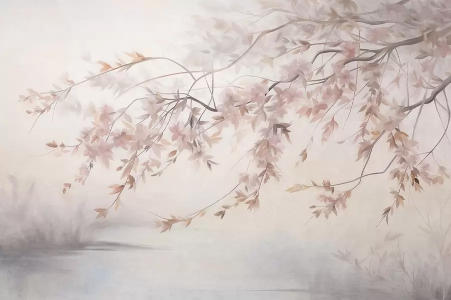 murales de pared Paisaje texturizado con rama de cerezo en flor, hojas rosadas y fondo suave y brumoso. w09743
