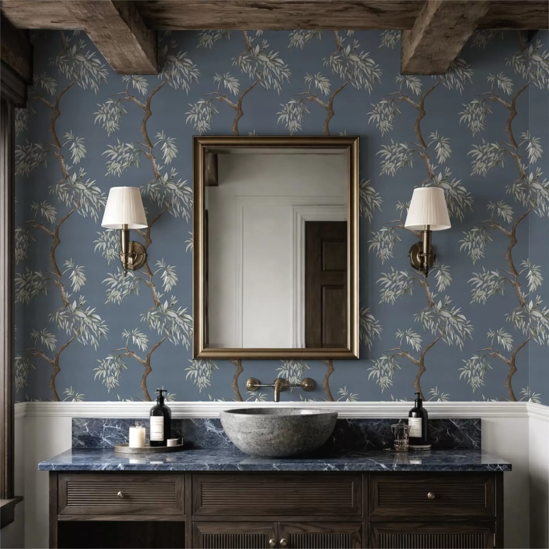 murales de pared Rama de árbol con hojas sobre fondo azul a01117