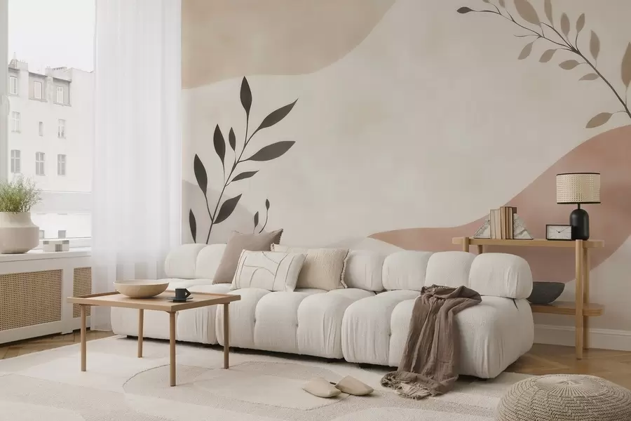 murales de pared Olas abstractas en tonos beige y melocotón con ramas w09722