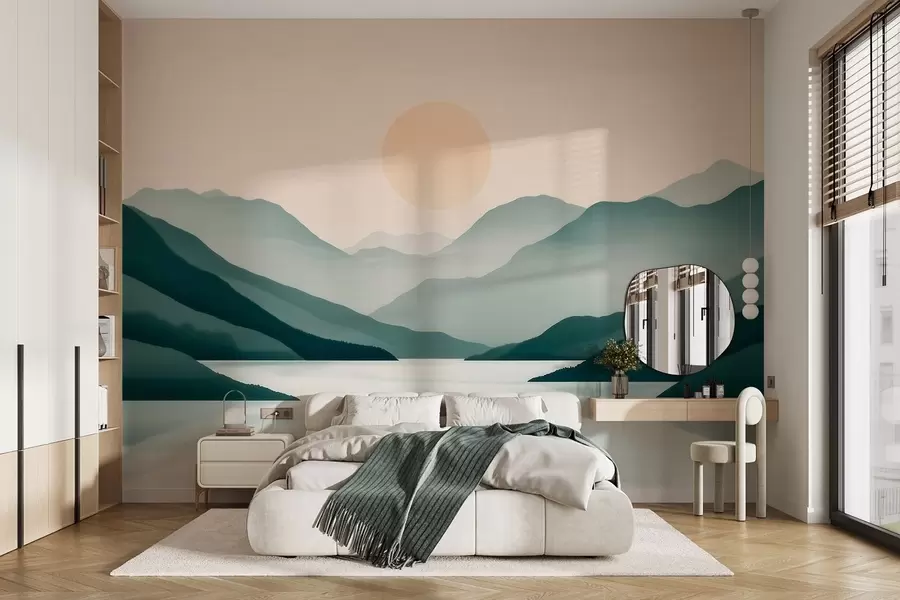 murales de pared Tranquilo paisaje montañoso con el sol sobre el lago w09735