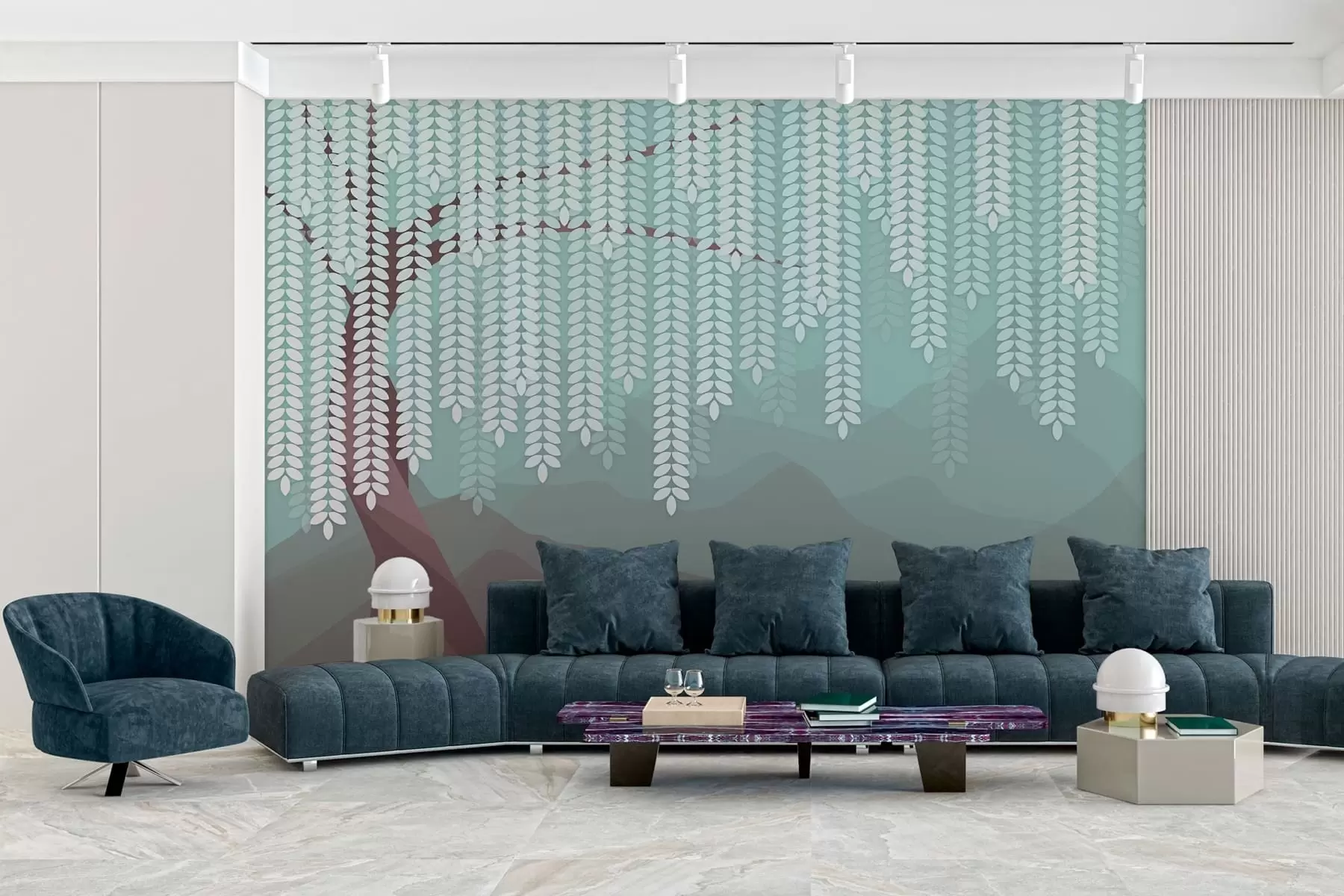 murales de pared Árbol de sauce estilizado con hojas colgantes sobre un fondo de montañas minimalistas en tonos chocolate y turquesa. w05232v1
