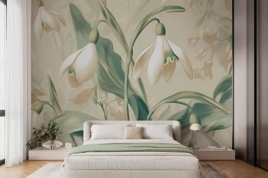 murales de pared flores de nieve en flor sobre un fondo beige w05234