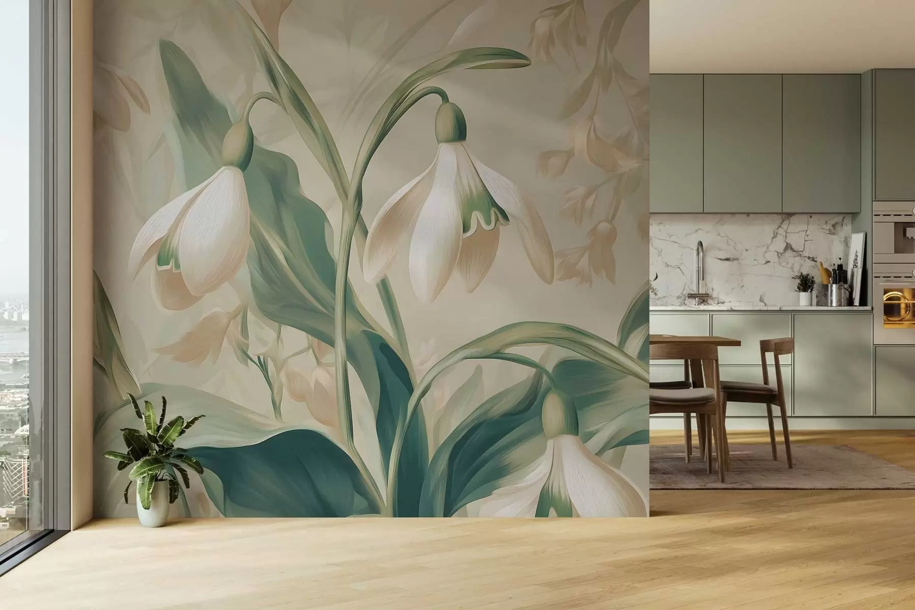 murales de pared flores de nieve en flor sobre un fondo beige w05234