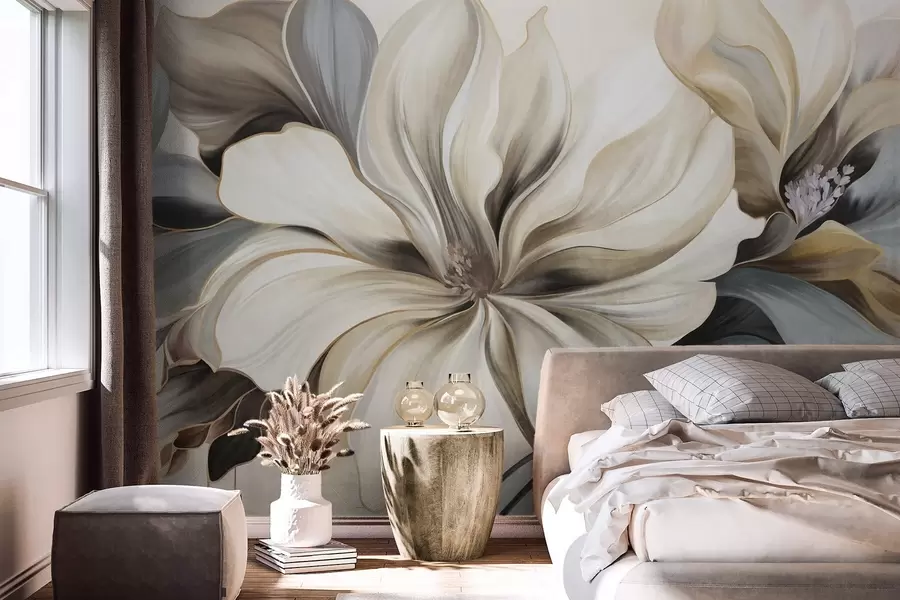 murales de pared Grandes flores cremosas de magnolia con hojas marrones y grises, iluminación suave, fondo abstracto. w09749