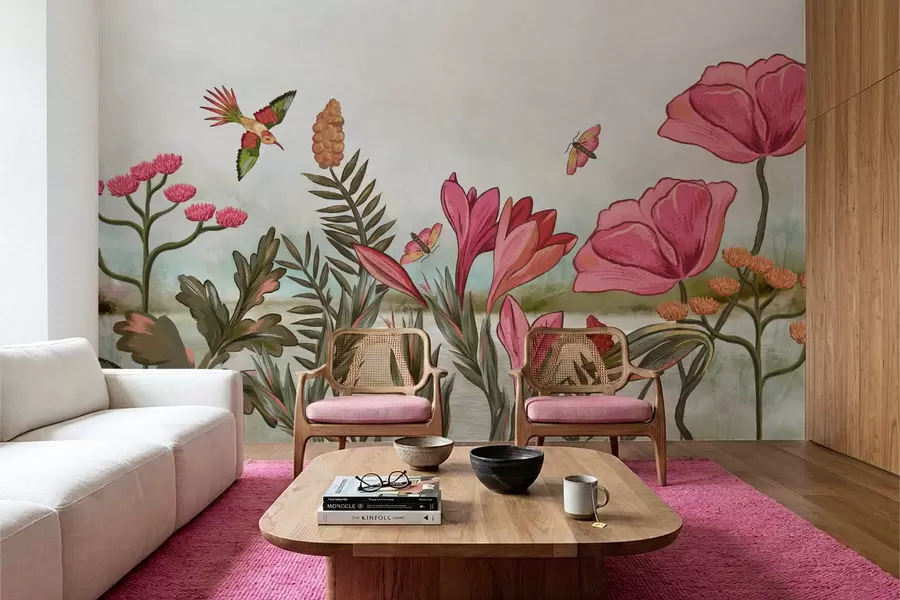 murales de pared Flores brillantes con pájaros y mariposas w05321