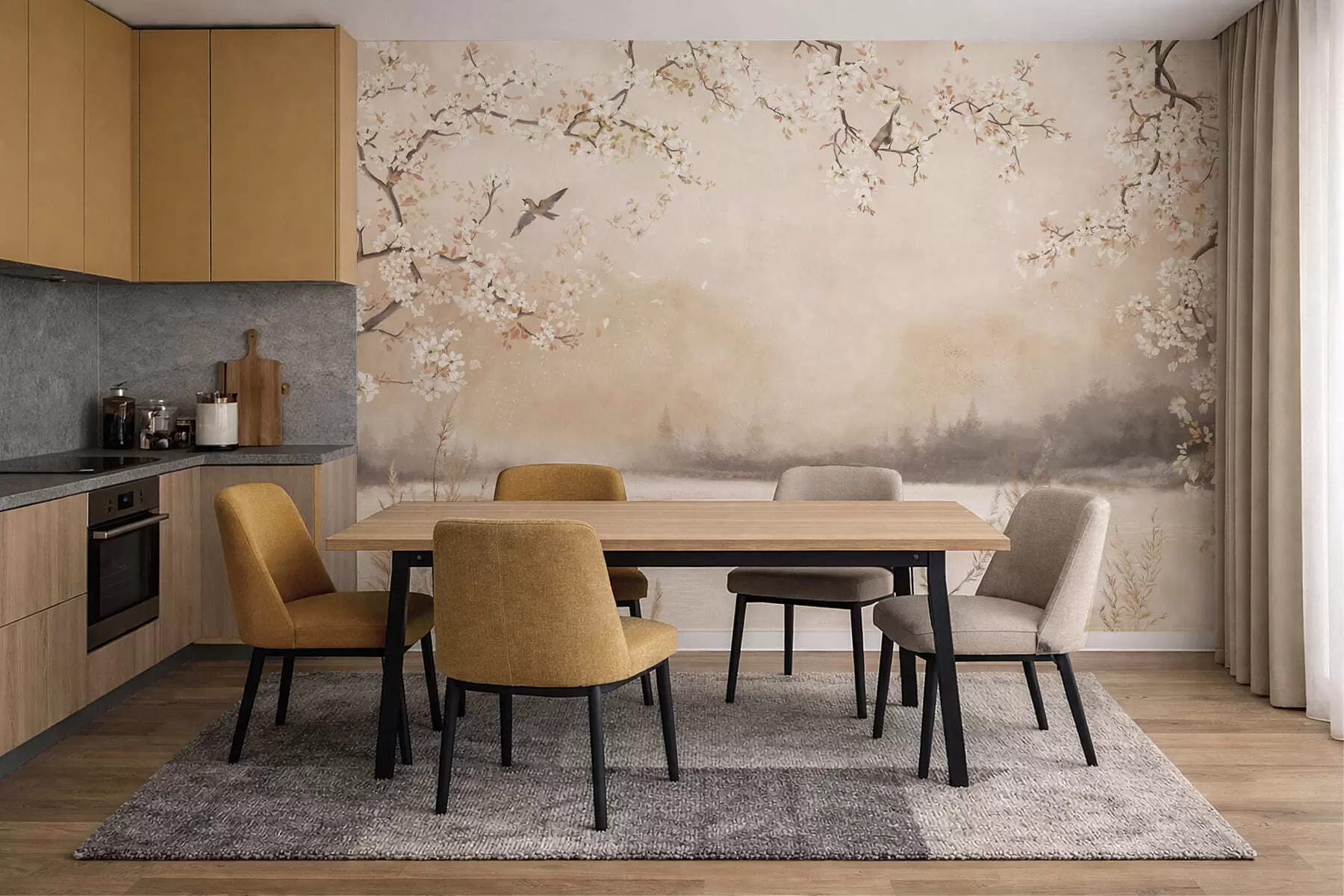 murales de pared Delicadas ramas en flor junto al lago con pájaros en una ligera niebla. w05155