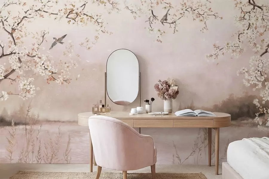 murales de pared Ramas en flor sobre un lago tranquilo con pájaros en la niebla. w05155v1