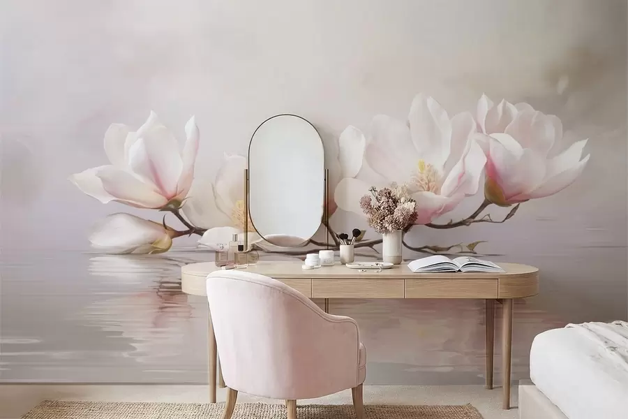 murales de pared Rama de magnolia con flores sobre el reflejo de aguas tranquilas w05353v1
