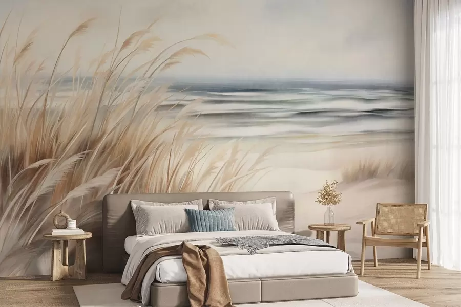 murales de pared Paisaje con textura, con hierba seca en una playa de arena, con el océano y el cielo al fondo. w09739