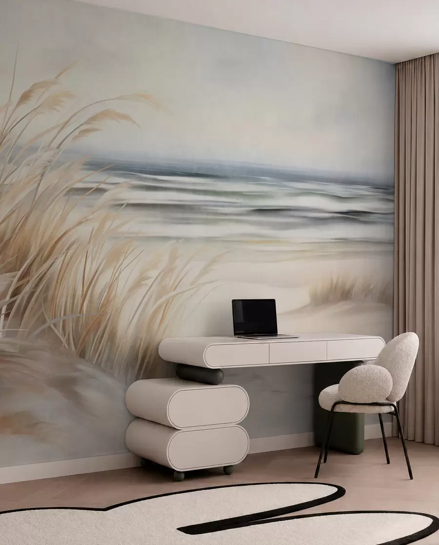 murales de pared Paisaje con textura, con hierba seca en una playa de arena, con el océano y el cielo al fondo. w09739