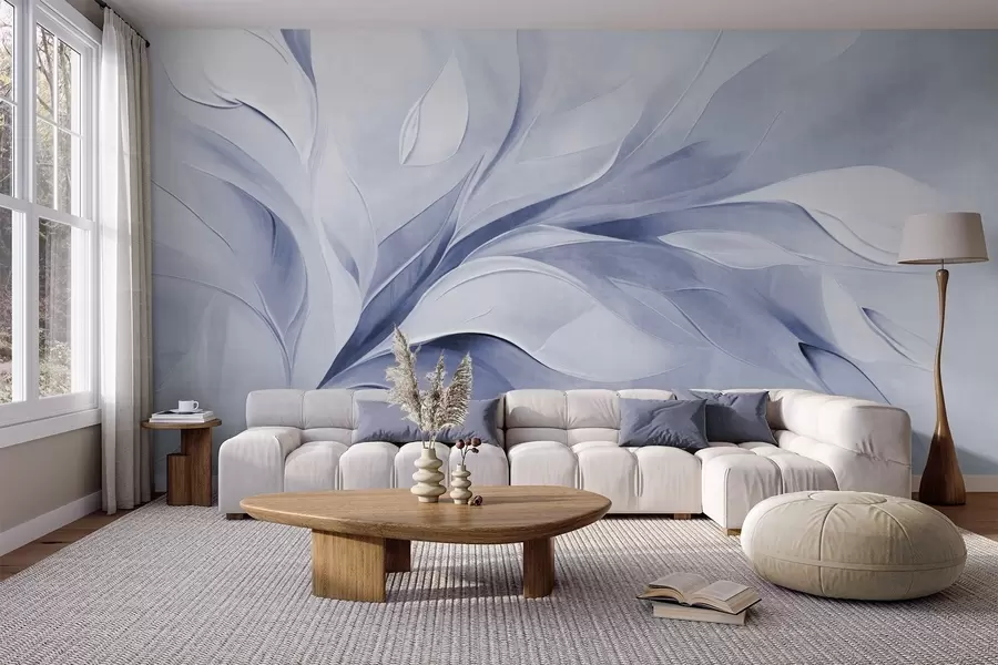 murales de pared Estilo pictórico abstracto con textura de hojas fluidas en tonos azul pálido y blanco. w09765