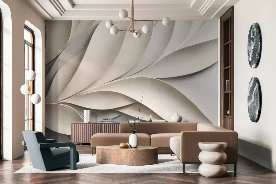 murales de pared Hojas abstractas en beige y gris, arte moderno con textura. w09769