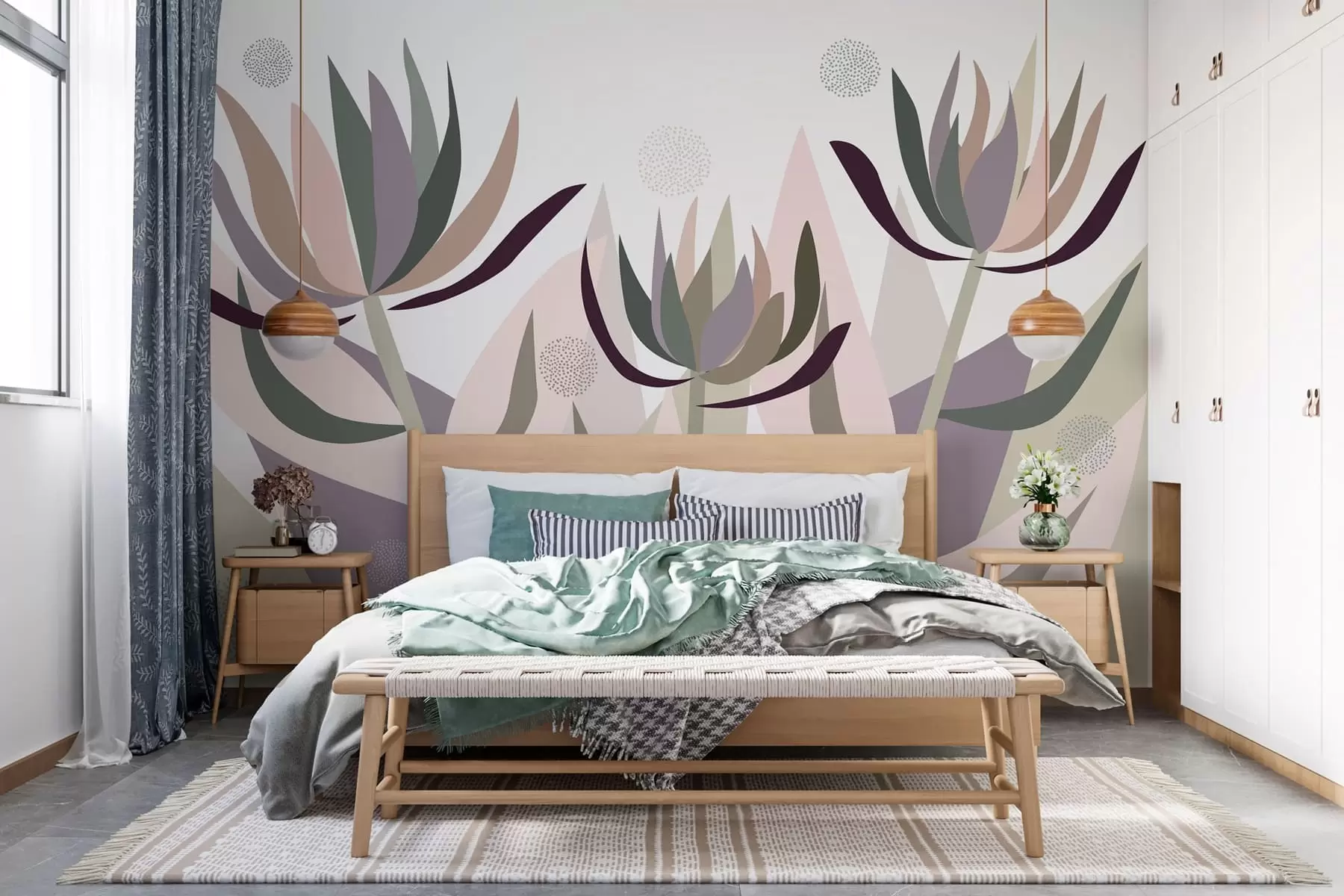 murales de pared flores de protea estilizadas en estilo primitivo w05236