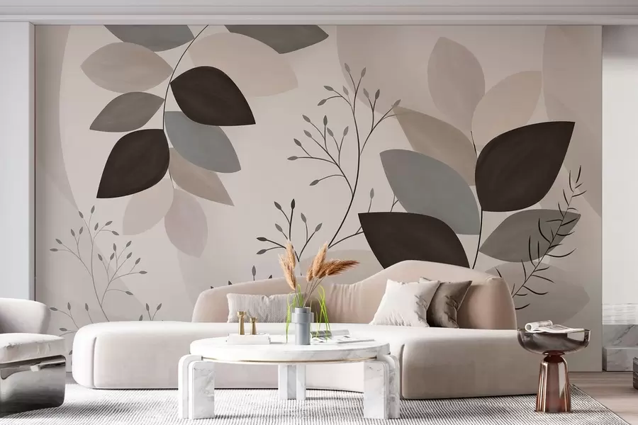 murales de pared hojas y hierbas en tonos beige, gris y marrón w05237