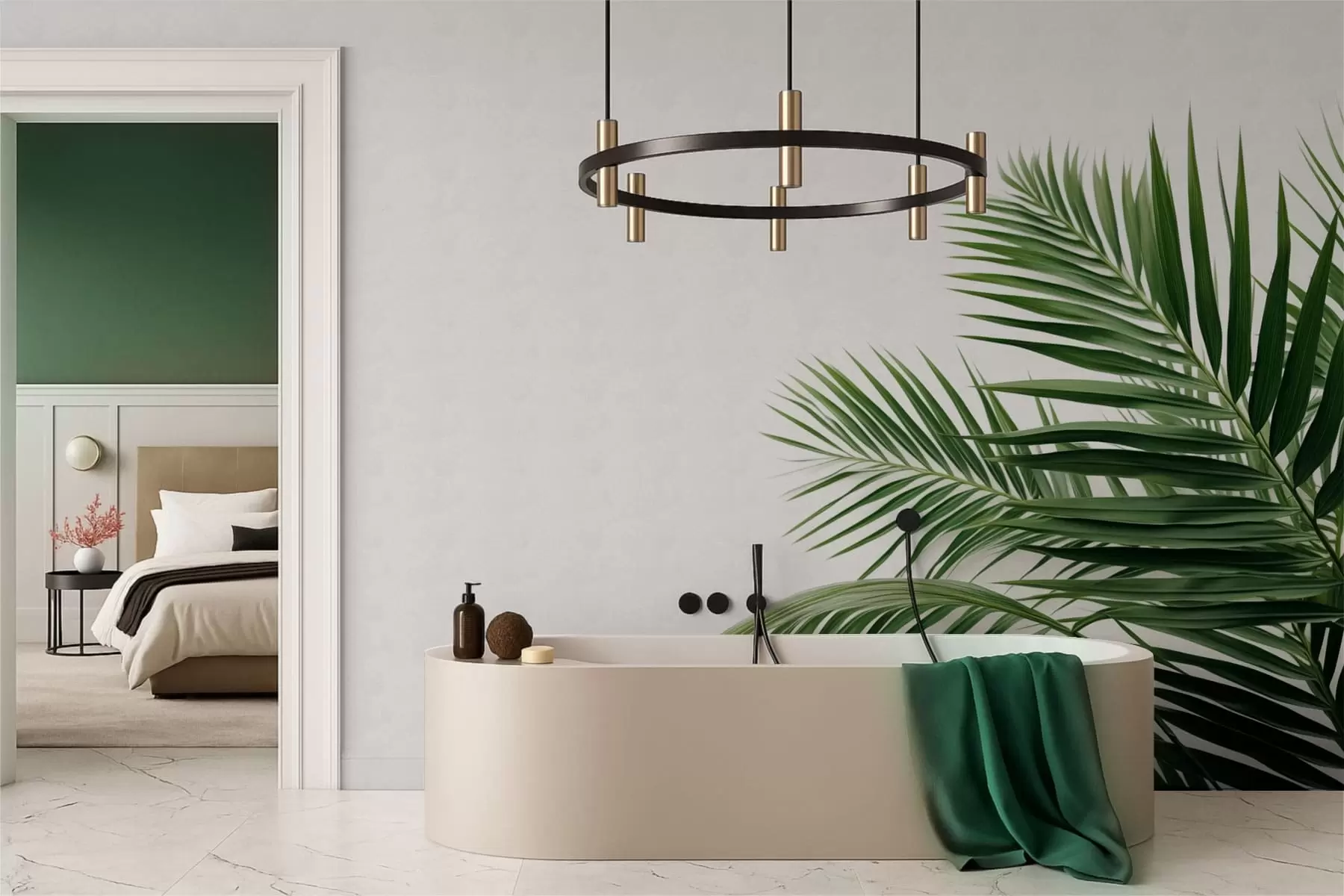 murales de pared Hojas de palmera verdes sobre un fondo claro w05391