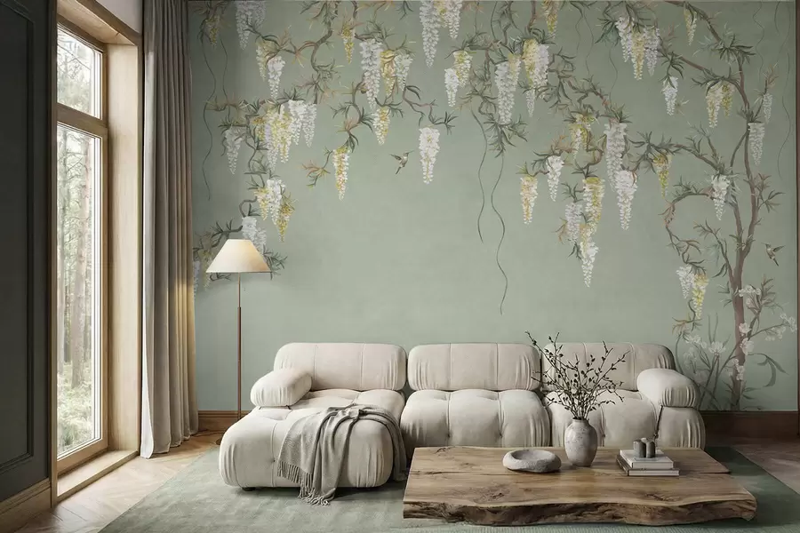 murales de pared Ramas en flor con flores blancas y pájaros sobre un fondo verde w05394