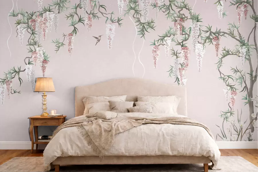 murales de pared Ramas en flor con capullos rosas y pájaros w05394v1