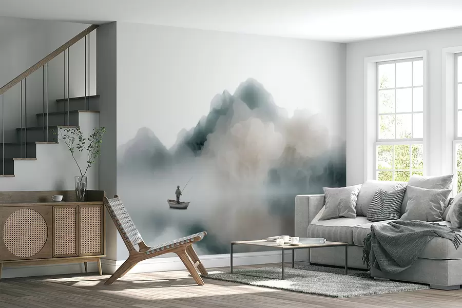 murales de pared Paisaje montañoso con un barco y un pescador que se desvanecen en una suave niebla w09678