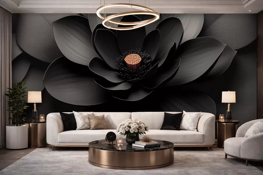 murales de pared Flor negra minimalista con pétalos y un centro cálido que contrasta w09721