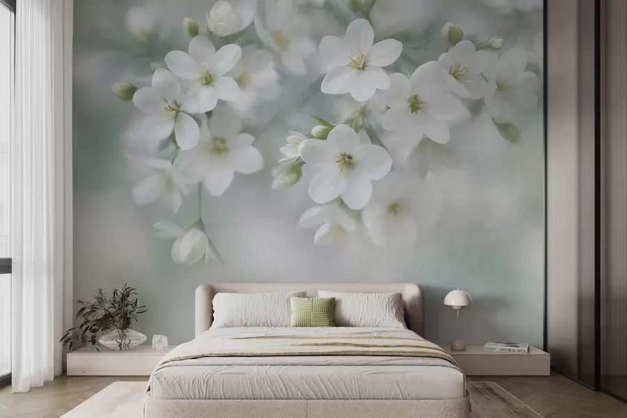 murales de pared Flores blancas de textura delicada, difuminadas suavemente en el fondo w09759