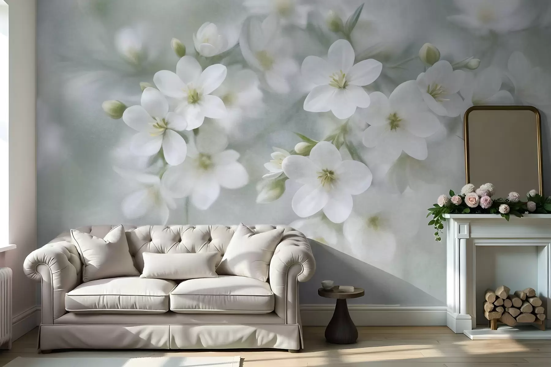 murales de pared Flores blancas de textura delicada, difuminadas suavemente en el fondo w09759