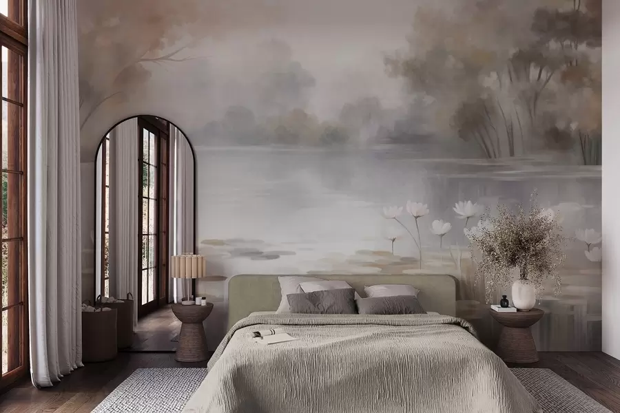 murales de pared Paisaje con relieve, lago con nenúfares blancos, rodeado de árboles de colores tenues w09768